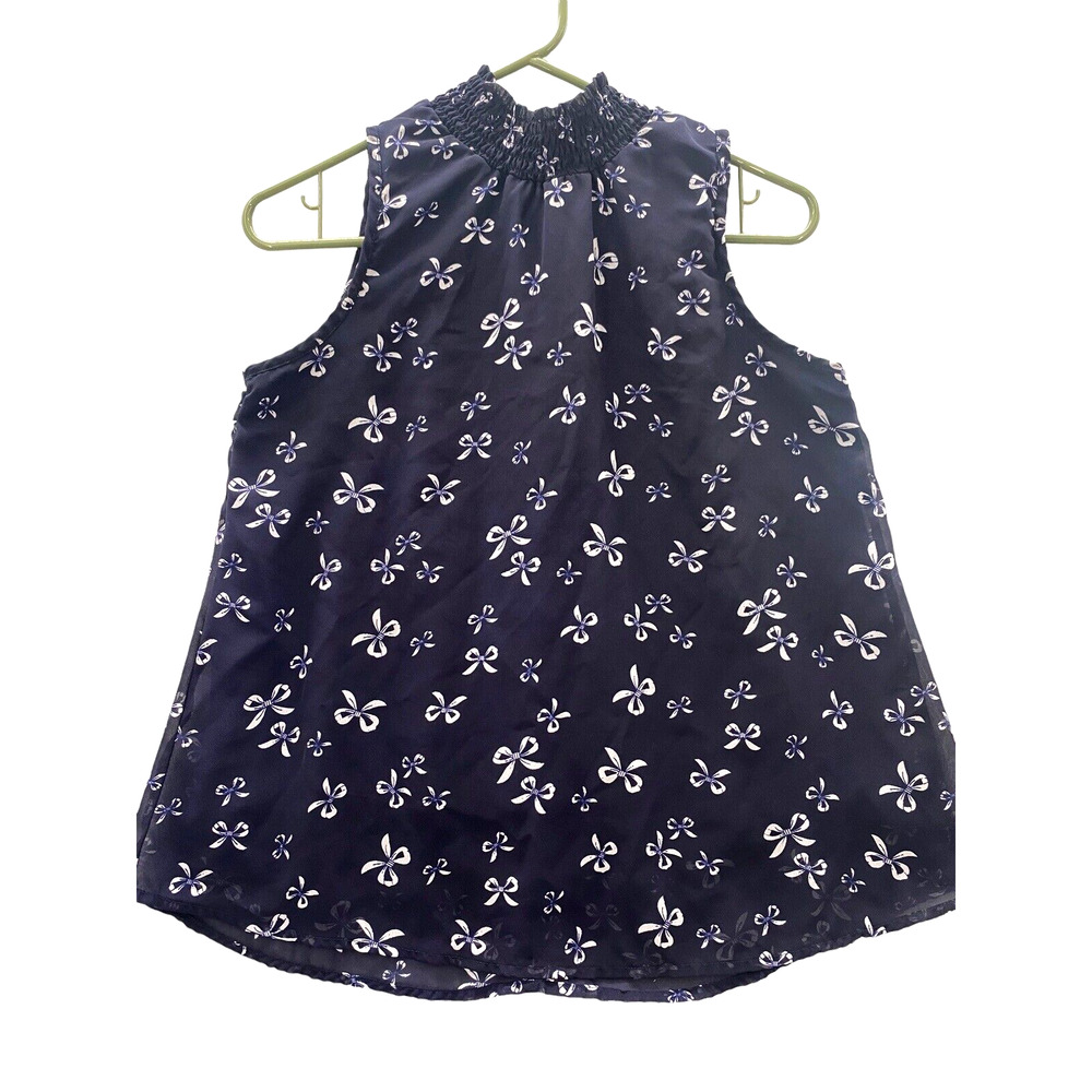 Midnight Sky Fully Lined Sleeveless High Neck Swing Top Blue Bows Women's L